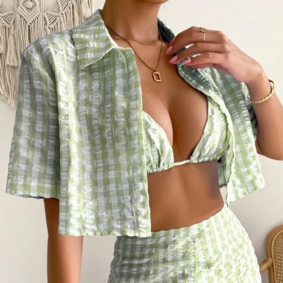 GREEN 3 PIECE GINGHAM SUMMER SET STREETWEAR BEACHY VACAY - Picture 5 of 7